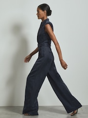Reiss Navy Anabella Cupro Belted Tux Jumpsuit - Image 4 of 6