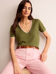 Boden Green Maggie V-Neck 100% Linen T-Shirt - Image 1 of 6