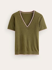 Boden Green Maggie V-Neck 100% Linen T-Shirt - Image 5 of 6