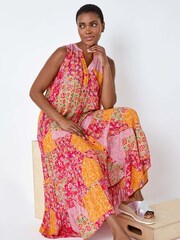 Roman Red Patchwork Shimmer Smock Tiered Midi Dress - Image 1 of 5