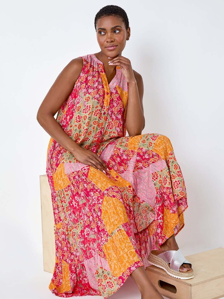 Roman Red Patchwork Shimmer Smock Tiered Midi Dress - Image 1 of 5