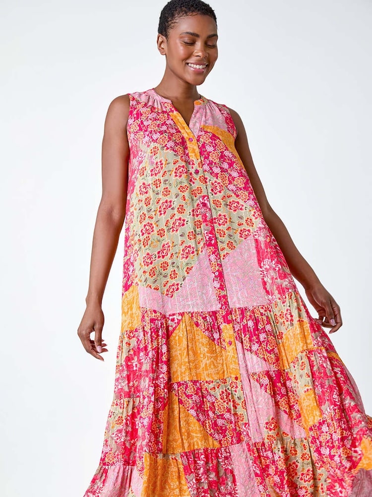 Roman Red Patchwork Shimmer Smock Tiered Midi Dress - Image 2 of 5
