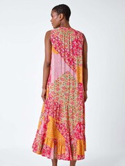 Roman Red Patchwork Shimmer Smock Tiered Midi Dress - Image 3 of 5