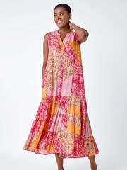 Roman Red Patchwork Shimmer Smock Tiered Midi Dress - Image 4 of 5