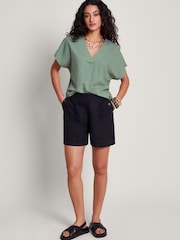 Monsoon Green Viola V-Neck Linen Blend Pintuck Blouse - Image 1 of 4