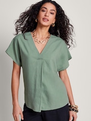 Monsoon Green Viola V-Neck Linen Blend Pintuck Blouse - Image 2 of 4