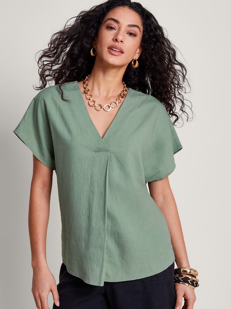 Monsoon Green Viola V-Neck Linen Blend Pintuck Blouse - Image 2 of 4