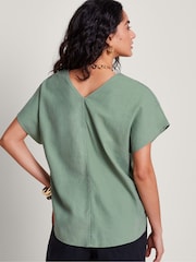Monsoon Green Viola V-Neck Linen Blend Pintuck Blouse - Image 3 of 4