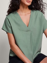 Monsoon Green Viola V-Neck Linen Blend Pintuck Blouse - Image 4 of 4