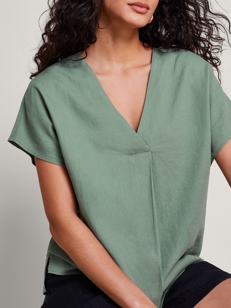 Monsoon Green Viola V-Neck Linen Blend Pintuck Blouse - Image 4 of 4 Monsoon Green Viola V-Neck Linen Blend Pintuck Blouse - Image 4 of 4