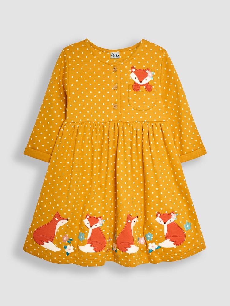 JoJo Maman Bébé Mustard Fox Appliqué Button Front Dress - Image 1 of 3