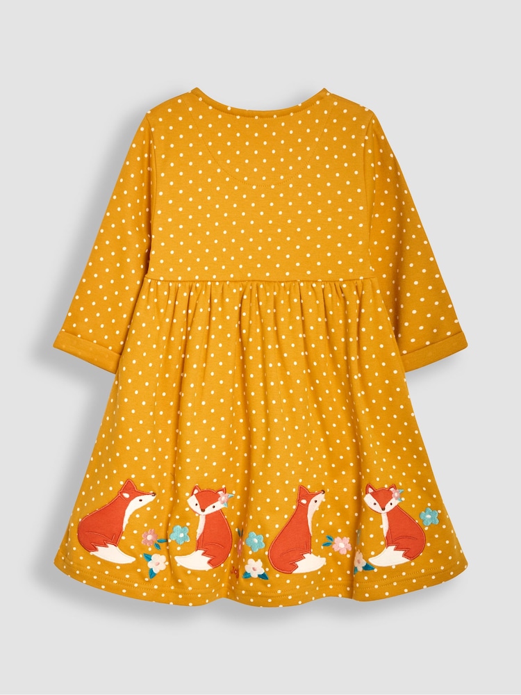 JoJo Maman Bébé Mustard Fox Appliqué Button Front Dress - Image 2 of 3