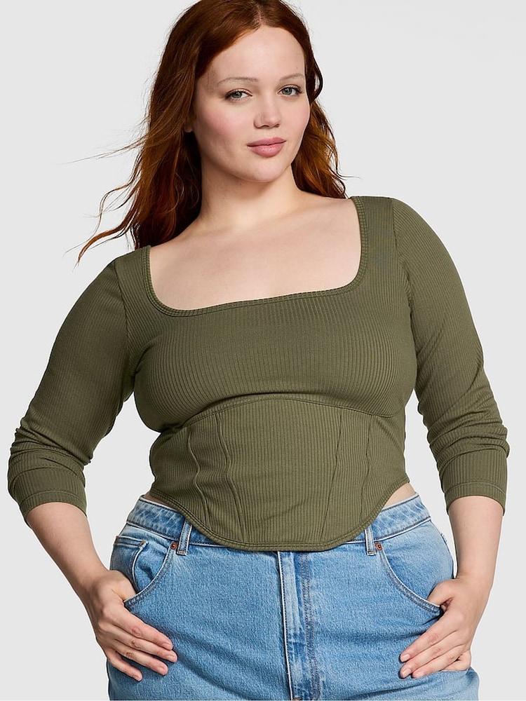 Victoria's Secret PINK Olive Green Long Sleeve Cotton Corset Top - Image 1 of 3