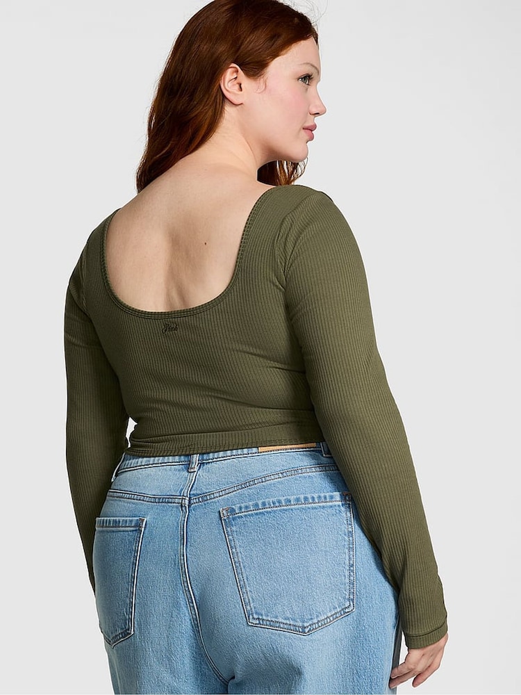 Victoria's Secret PINK Olive Green Long Sleeve Cotton Corset Top - Image 2 of 3 Victoria's Secret PINK Olive Green Long Sleeve Cotton Corset Top - Image 2 of 3