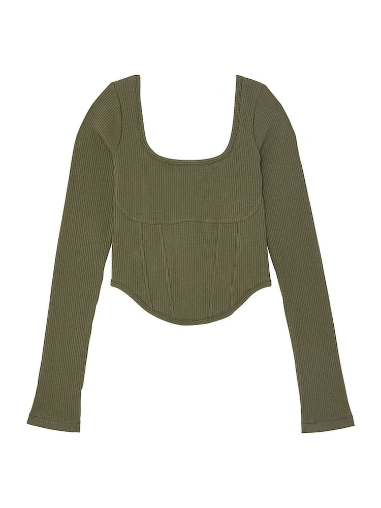 Victoria's Secret PINK Olive Green Long Sleeve Cotton Corset Top - Image 3 of 3