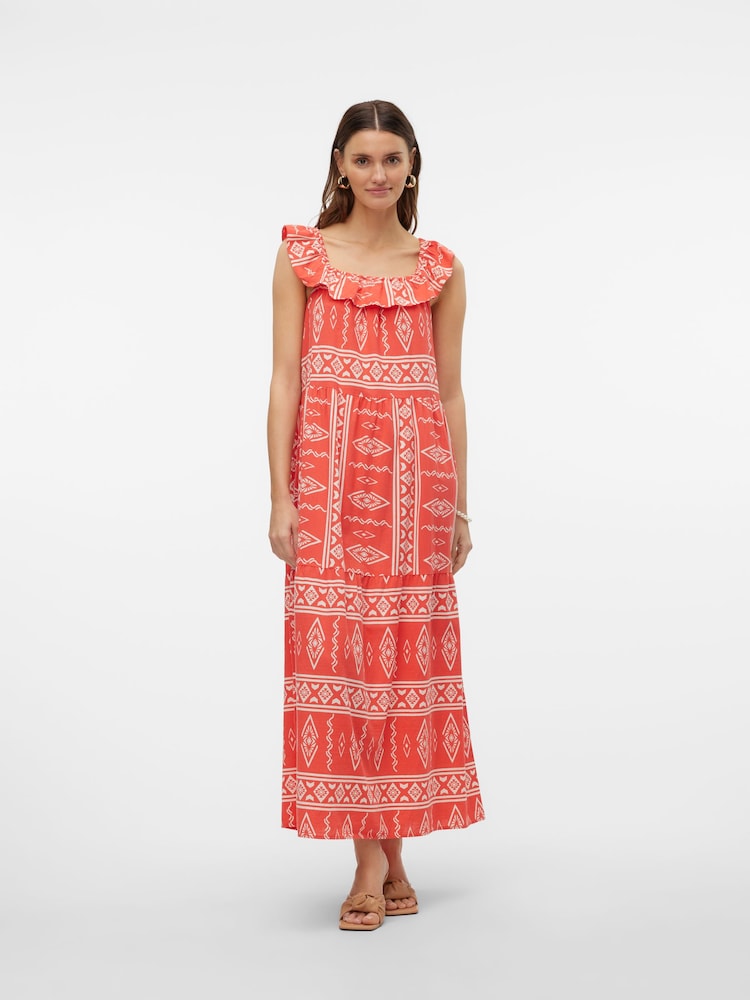 VERO MODA Pink Aztec Style Print Ruffle Summer Maxi Dress - Image 2 of 7