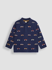 JoJo Maman Bébé Indigo Blue Classic Car Long Sleeve Embroidered Polo Shirt - Image 1 of 3