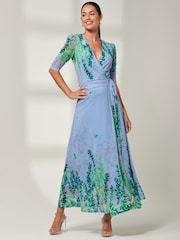 Jolie Moi Light Blue Kinley Print Wrap Mesh Maxi Dress - Image 1 of 6