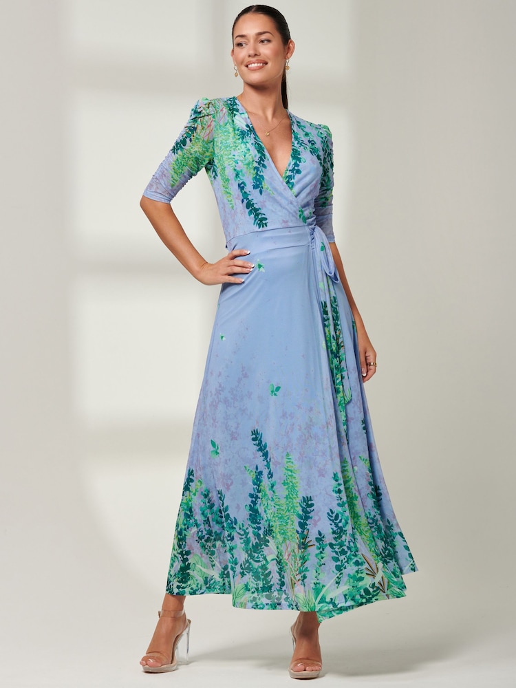 Jolie Moi Light Blue Kinley Print Wrap Mesh Maxi Dress - Image 1 of 6