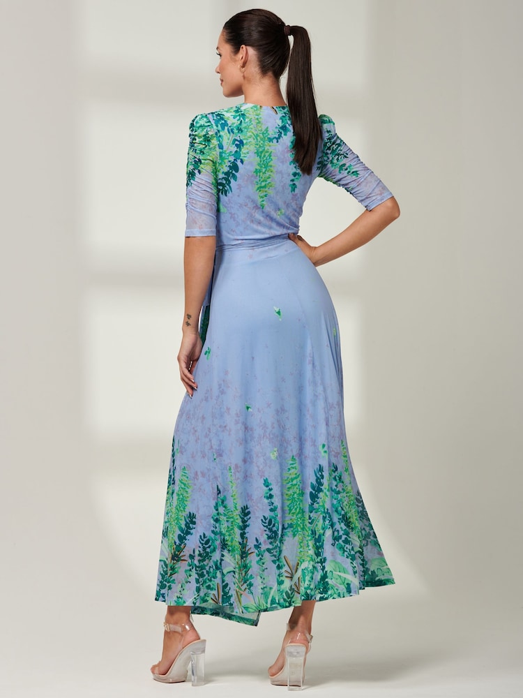 Jolie Moi Light Blue Kinley Print Wrap Mesh Maxi Dress - Image 2 of 6