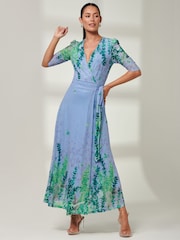 Jolie Moi Light Blue Kinley Print Wrap Mesh Maxi Dress - Image 5 of 6