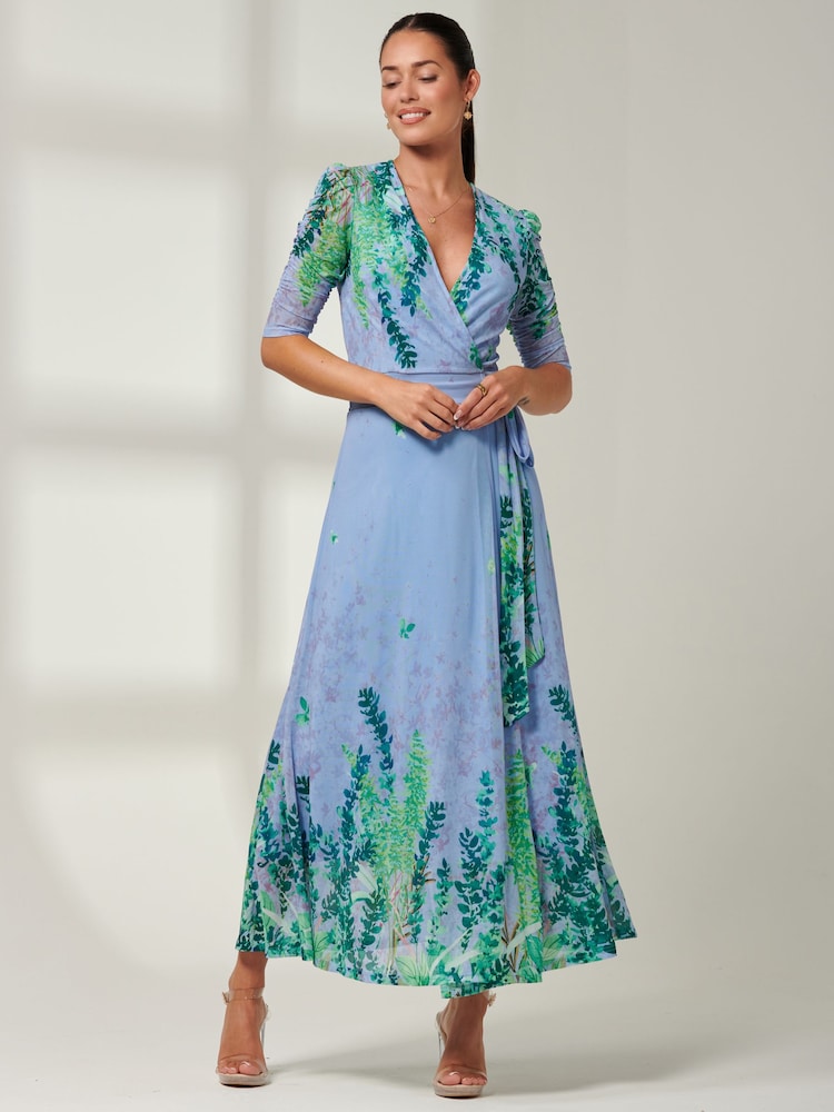 Jolie Moi Light Blue Kinley Print Wrap Mesh Maxi Dress - Image 6 of 6