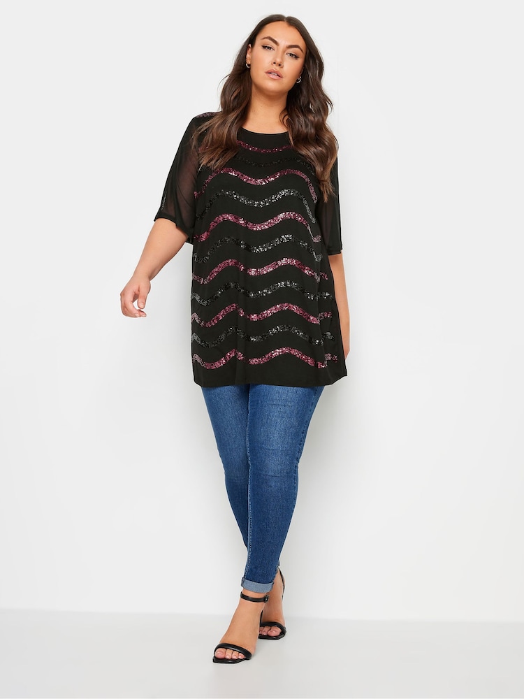 Yours Curve Black Dark Sequin Embellished Mesh Sleeve Top - Image 2 of 5 Yours Curve Black Dark Sequin Embellished Mesh Sleeve Top - Image 2 of 5