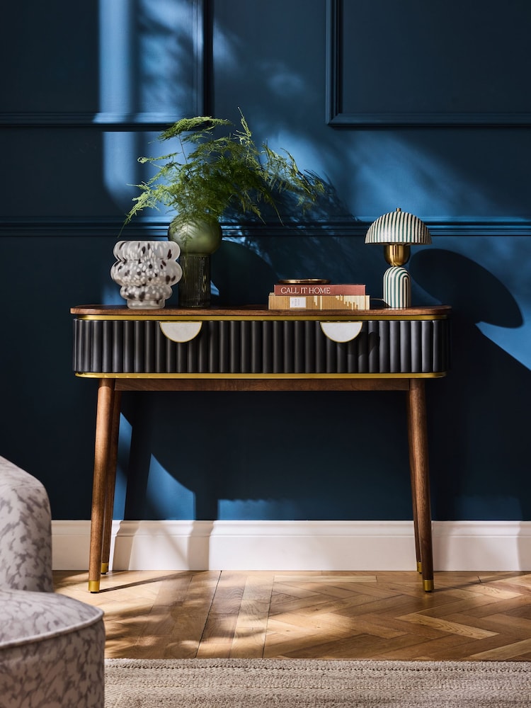 Clarke & Clarke Ribbed Black Mango Wood Calisto Console Table - Image 1 of 10