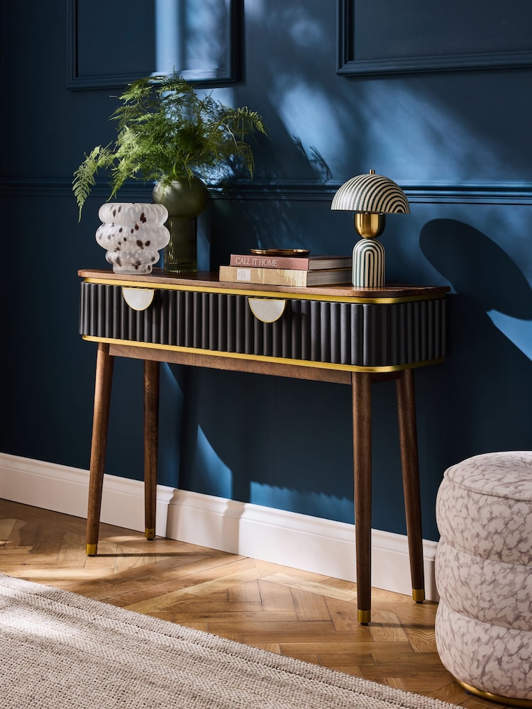 Clarke & Clarke Ribbed Black Mango Wood Calisto Console Table - Image 2 of 10
