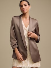 Khaki Grön - Satin Relaxed Ruched Sleeve Kavaj - Bild 1 av 7