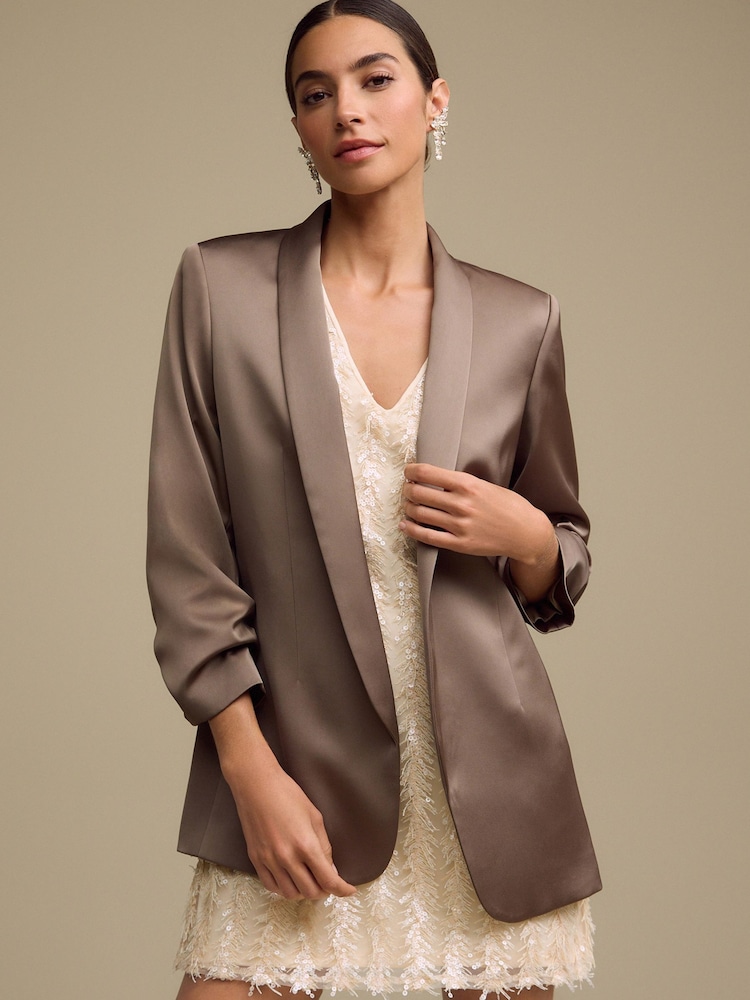Khaki Grön - Satin Relaxed Ruched Sleeve Kavaj - Bild 1 av 7