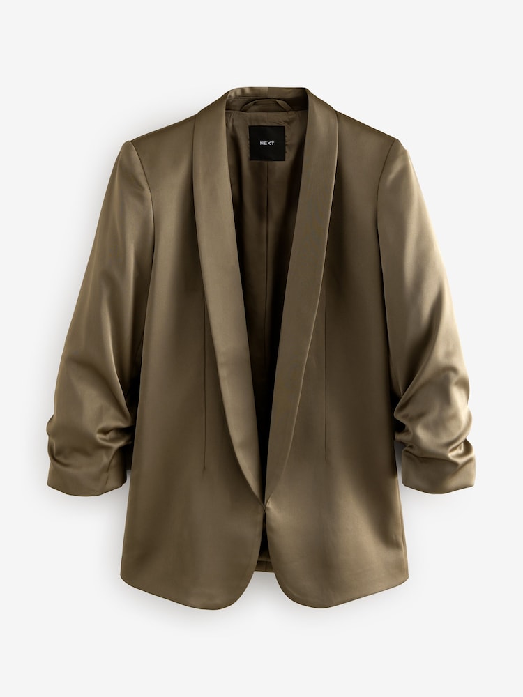 Vert kaki - Satin Manches froncées décontractées Blazer - Image 6 of 7