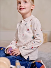 JoJo Maman Bébé Natural Christmas Embroidered Polo Shirt - Image 2 of 6
