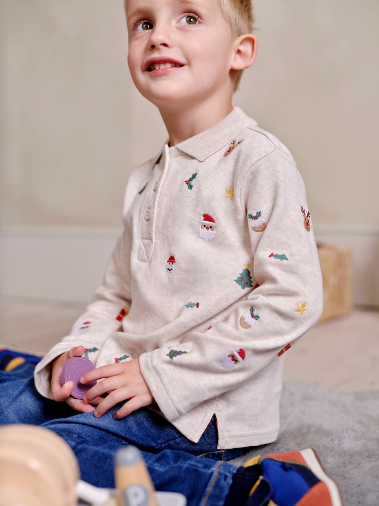 JoJo Maman Bébé Natural Christmas Embroidered Polo Shirt - Image 2 of 6