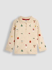 JoJo Maman Bébé Natural Christmas Embroidered Polo Shirt - Image 4 of 6