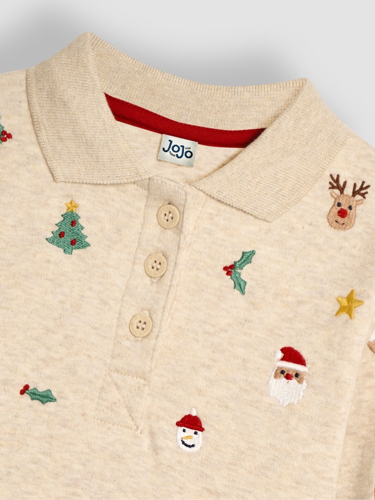 JoJo Maman Bébé Natural Christmas Embroidered Polo Shirt - Image 6 of 6
