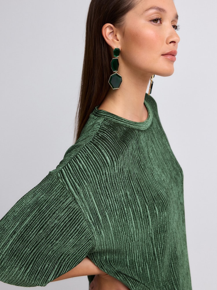 Olive Green Plisse Velvet T-Shirt - Image 1 of 7