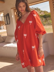 Red 100% Cotton Sleeved Embroidered Mini Dress - Image 3 of 5