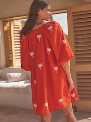 Red 100% Cotton Sleeved Embroidered Mini Dress - Image 4 of 5
