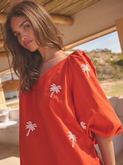 Red 100% Cotton Sleeved Embroidered Mini Dress - Image 5 of 5