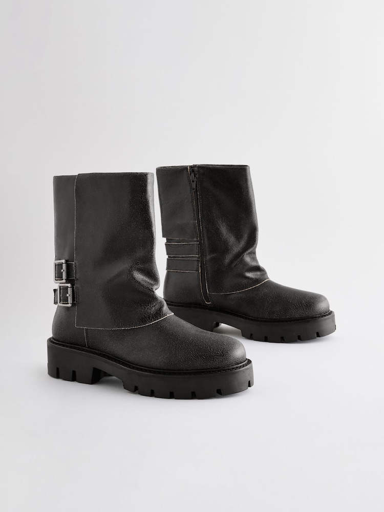 Black Leather Forever Comfort® Buckle Detail Leather Gaiter Biker Boots - Image 1 of 4