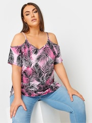 Yours Curve Black YOURS Curve Pink Tropical Print Cold Shoulder Top - Image 1 of 5