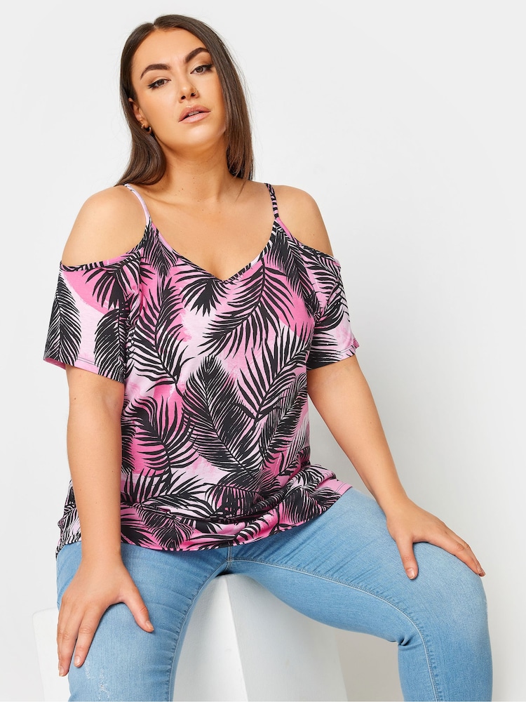 Yours Curve Black YOURS Curve Pink Tropical Print Cold Shoulder Top - Image 1 of 5