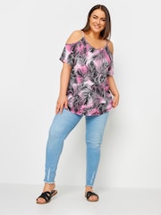 Yours Curve Black YOURS Curve Pink Tropical Print Cold Shoulder Top - Image 2 of 5