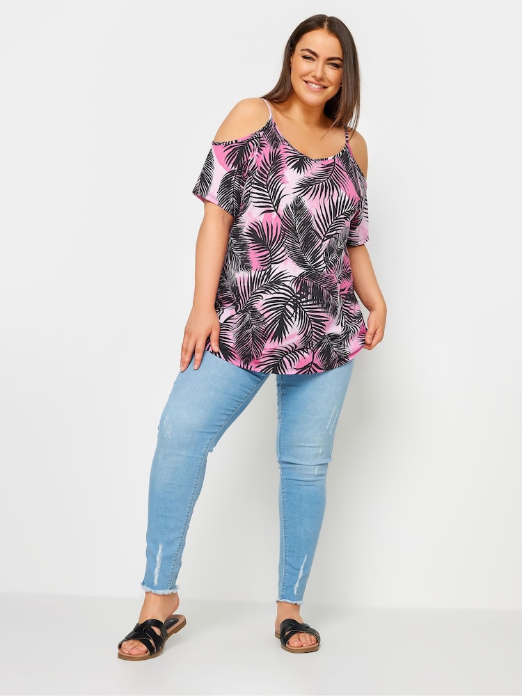 Yours Curve Black YOURS Curve Pink Tropical Print Cold Shoulder Top - Image 2 of 5