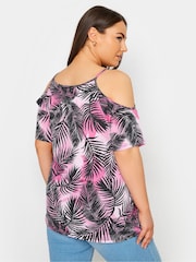 Yours Curve Black YOURS Curve Pink Tropical Print Cold Shoulder Top - Image 3 of 5