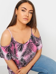 Yours Curve Black YOURS Curve Pink Tropical Print Cold Shoulder Top - Image 4 of 5