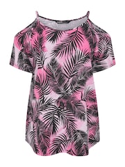 Yours Curve Black YOURS Curve Pink Tropical Print Cold Shoulder Top - Image 5 of 5
