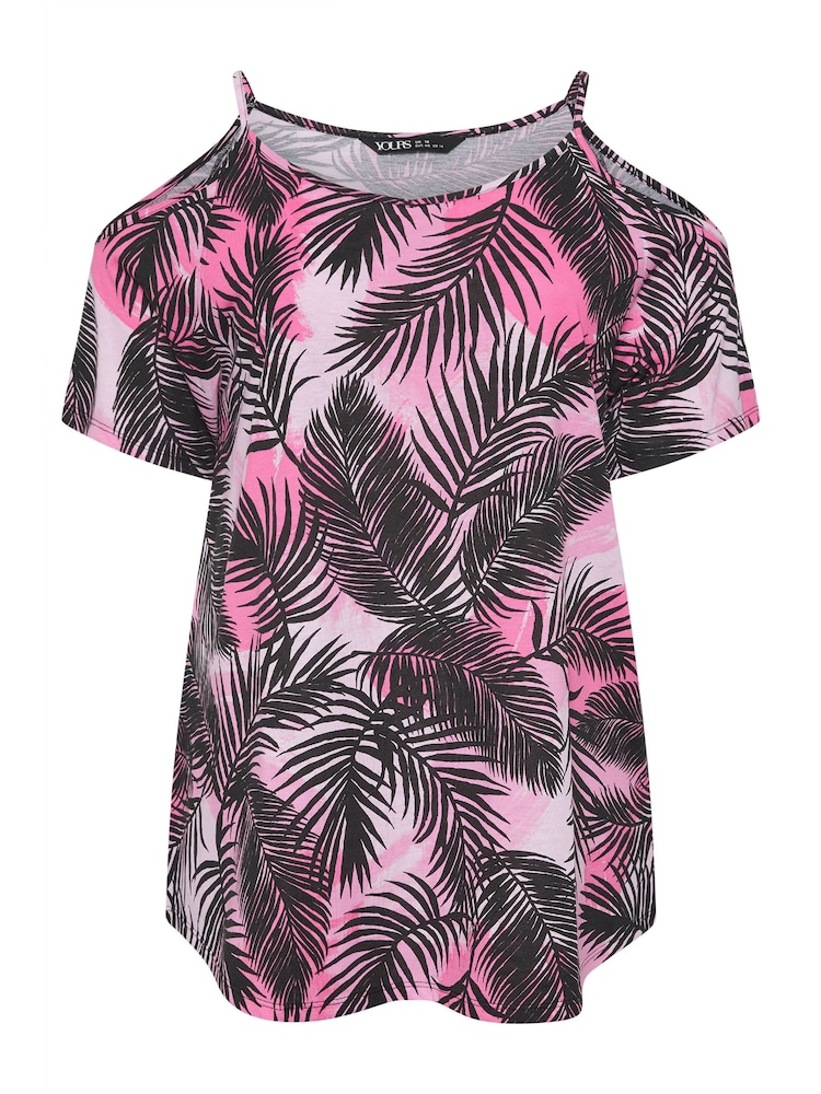 Yours Curve Black YOURS Curve Pink Tropical Print Cold Shoulder Top - Image 5 of 5