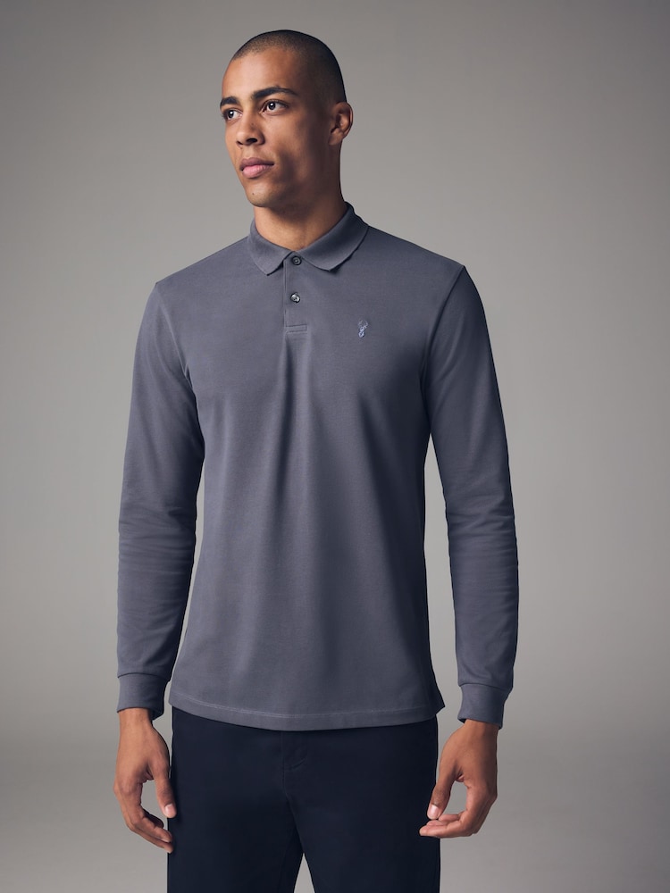 Blue Long Sleeve Pique Polo Shirt - Image 1 of 8